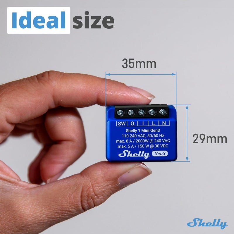 Shelly 1 ميني جين 3 | مفتاح ذكي واي فاي ريلاي 1 قناة 8A | أتمتة المنزل | بوابة بلوتوث | متوافق مع أليكسا وجوجل هوم | تطبيق iOS أندرويد | لا حاجة لمركز | جهات اتصال جافة (عبوة 2)  - Image 3